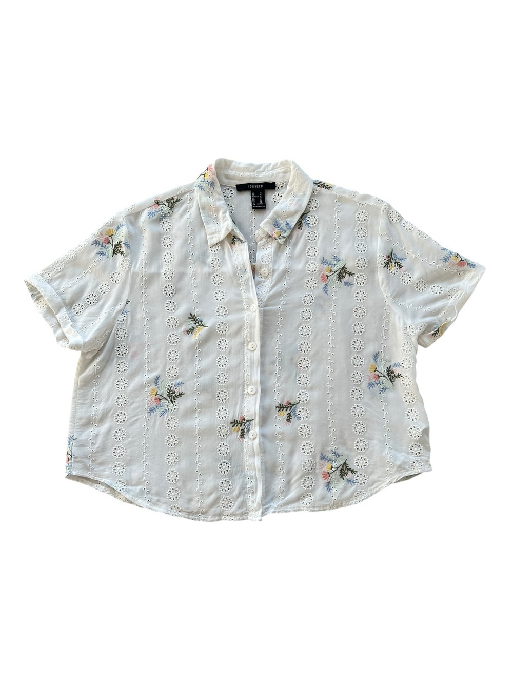 Forever 21 Floral Embroidered Eyelet Cottagecore Boho Cropped Button Up Blouse-M